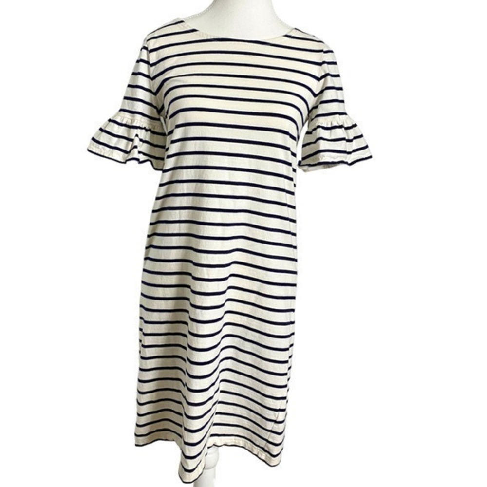 J. Crew Black and Ivory striped ruffle bell sleeve shift‎ dress